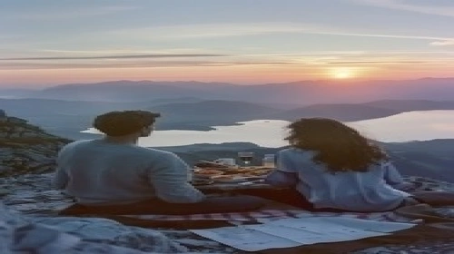 Couple enjoying mountain picnic at sunset viewpoint