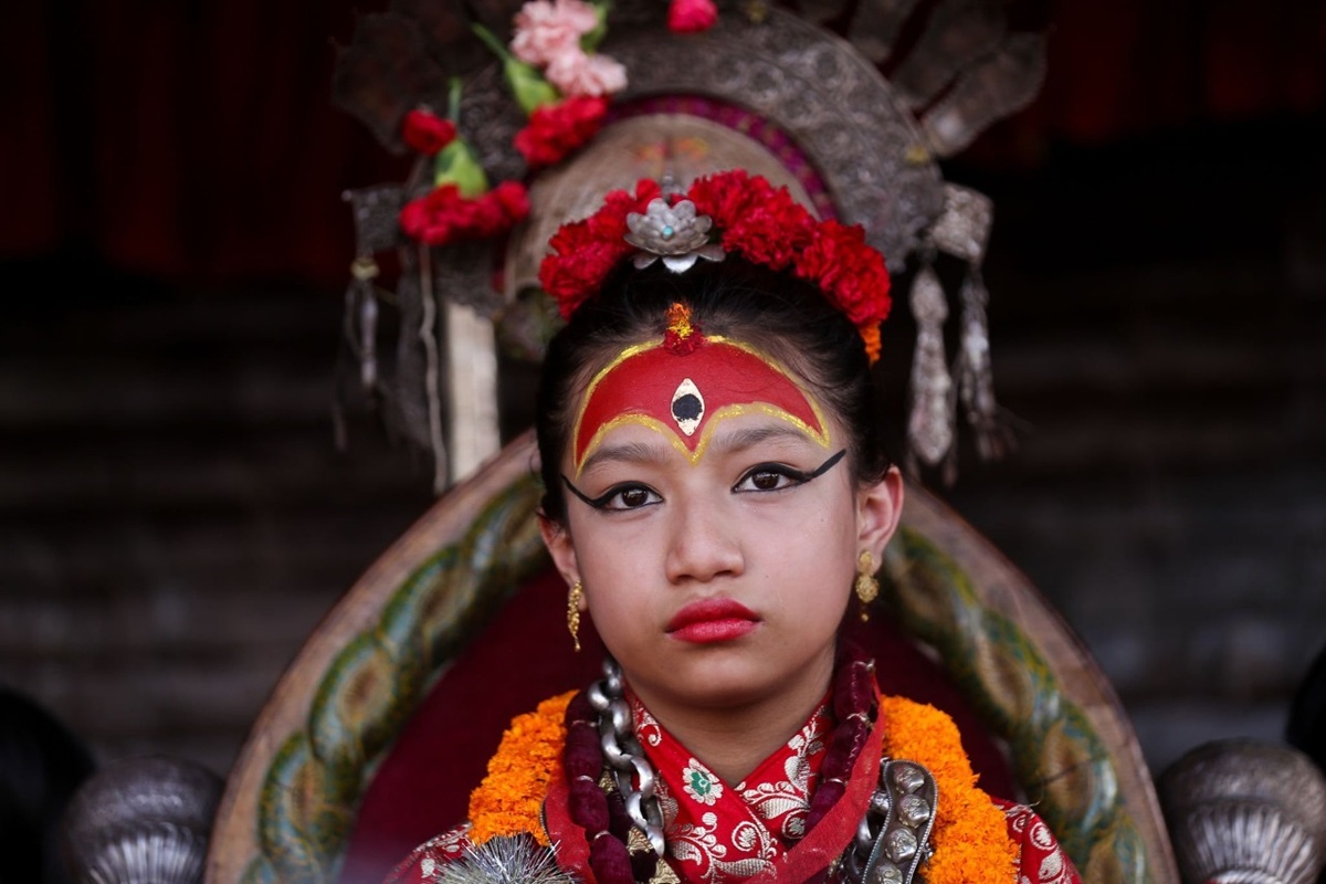 Close-up portrait of Kumari, the Living Goddess of Patan